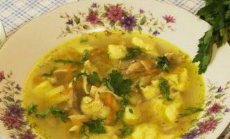 Mormorsuppe med dumplings i hønsebouillon er klar. Server til bordet, pyntet med grønt!