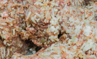 Enjuague el arroz con agua, agregue 300 mililitros de agua y cocine después de hervir durante 15 minutos. Luego mezcle el arroz cocido hasta que esté medio cocido con la carne picada, sal y pimienta.