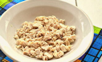 Coupez le filet de poulet bouilli en cubes et placez-le dans un bol comme première couche, salez au goût. Appliquer un filet de mayonnaise sur le dessus.