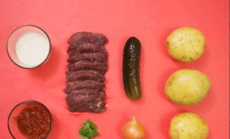 ¿Cómo cocinar platos clásicos de carne de res con pepinos encurtidos al estilo tártaro? Para agilizar el proceso y para nuestra propia comodidad, preparamos un juego de comida y lo colocamos sobre el escritorio.