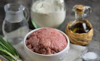 ¿Cómo cocinar empanadas jugosas con carne picada en una sartén en casa? Preparamos los productos enumerados anteriormente y los colocamos en el escritorio.