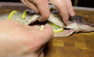 Coloque as restantes rodelas de limão na barriga de cada peixe, bem como um raminho de alecrim fresco.