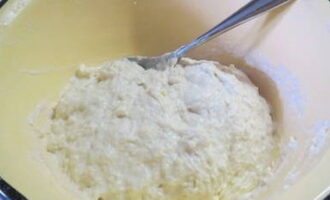 Impastare un impasto denso con lievito, kefir caldo e farina setacciata. Coprire con un tovagliolo e mettere in un luogo caldo per 30-40 minuti.