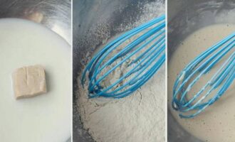 Sa isang maginhawang lalagyan, pagsamahin ang sariwang lebadura na may mainit na gatas. Magdagdag ng asukal at 50 gramo ng sifted flour dito. Gumalaw gamit ang isang whisk at ilagay sa isang mainit na lugar sa loob ng 30 minuto.