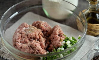 In der Zwischenzeit das Hackfleisch mit gehackten Zwiebeln, schwarzem Pfeffer und Salz vermischen.